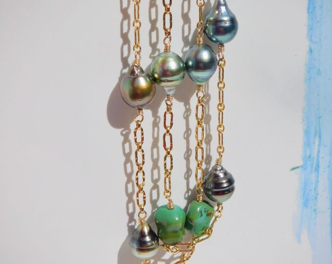 Tahitian Pearl Tin Cup Necklace | 14K Gold Filled Hammered Paperclip Link Chain | 23.5 Inches | Green Turquoise Nuggets | Circled Tahitian