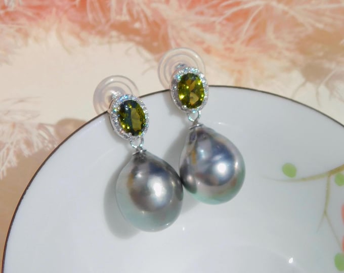 13mm Tahitian Pearl Earrings | AAA | Medium Gray Green | Black Pearl Earrings | Sterling Silver | Olive Green CZ | Large Tahitian Pearls