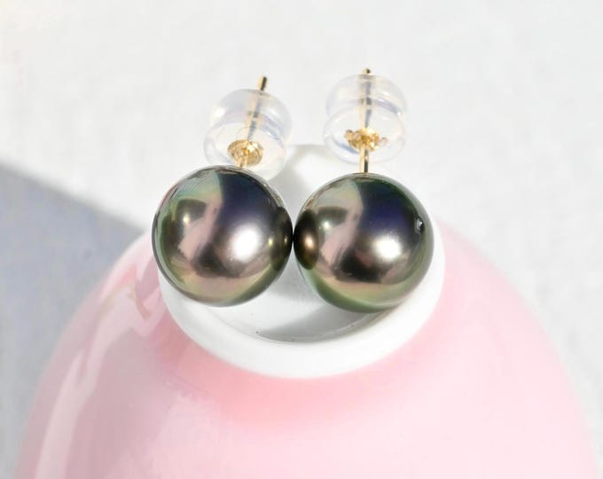 9.7mm Tahitian Pearl Studs: Deep Green, AAA, Solid 18K Gold, Black Pearl