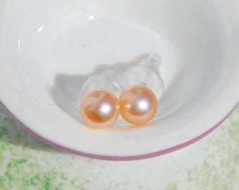 5.2mm Coral Pink Freshwater Pearl Studs: Solid 18K White Gold, Mini Pearls, Pink, Blush Pearls, Small Size Studs