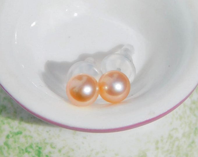 5.2mm Coral Pink Freshwater Pearl Studs: Solid 18K White Gold, Mini Pearls, Pink, Blush Pearls, Small Size Studs