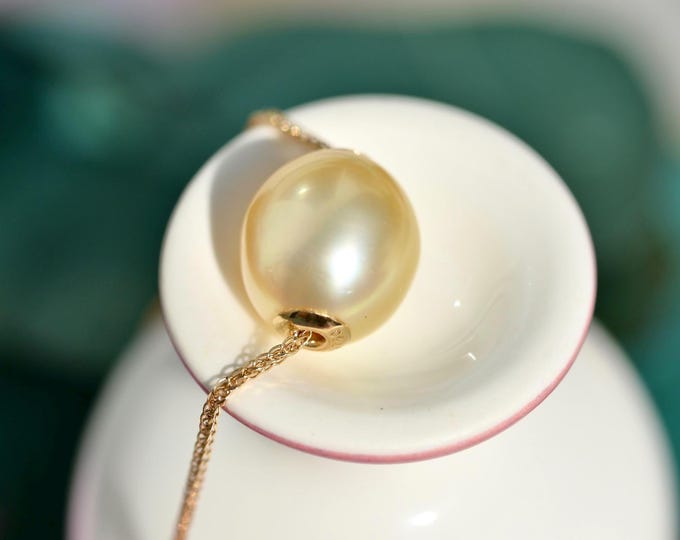 Floating Golden South Sea Pearl Necklace: Oval, Solid 18K Gold Dainty Chain, AAA, 10.4mm