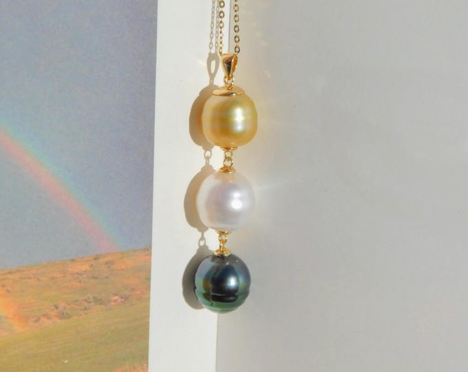 Triple South Sea Pearl Pendant | 10-10.7mm | Tahitian Pearl | White South Sea | Solid 18kt Yellow Gold (No Chain)  | AAA | Multi Pearls