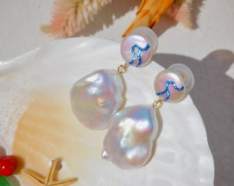 Maki-e Freshwater Pearl Earrings | Huge Pearl Earrings | Solid 18kt Gold | Handcrafted | White | Blue | Large Baroque Pearls | Double Pearls