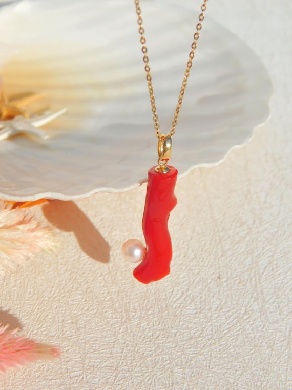 Italian Coral Branch and Akoya Pearl Pendant | Natural Red | Undyed | Solid 18kt Yellow Gold Bail (No Chain) | 7mm * 28mm | Saltwater Pearl