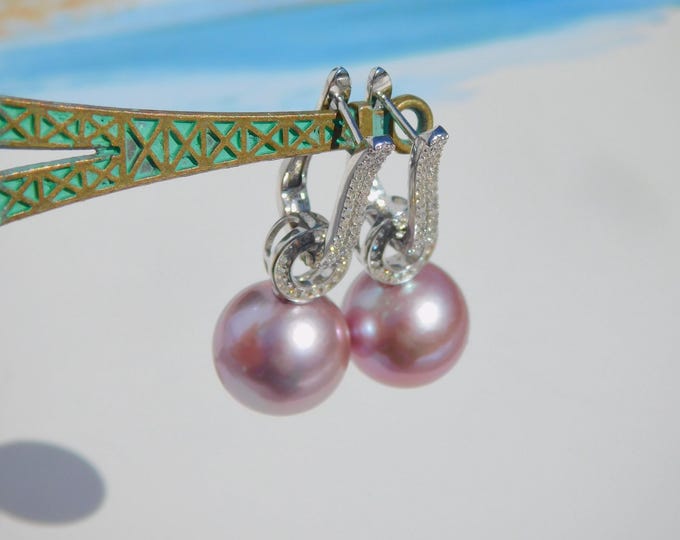 12.8mm Lavender Pearl Latch Back Earrings | AAA | Freshwater Pearl | Light Purple | White Gold Plated Silver | Hoop Earrings | Horse shoe