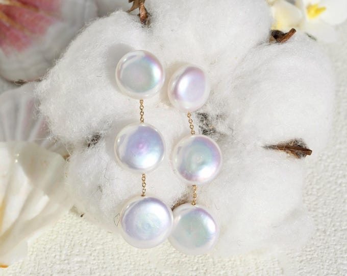 Triple Pearl Earrings: Solid 18K Gold, Coin, White with Rainbow Overtone, AAA+