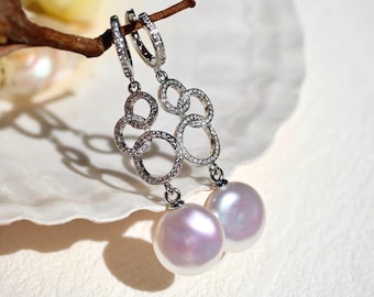Freshwater Coin Pearl Earrings: Long Drop Earrings, Three Rings, Hoop Earrings, White gold Plated Silver