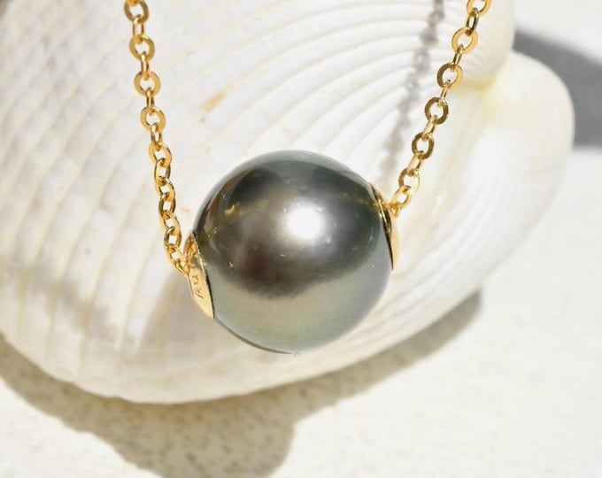 9.9mm Floating Tahitian Pearl Necklace: Solid 18K Gold Pin-End Chain, Gray-Green