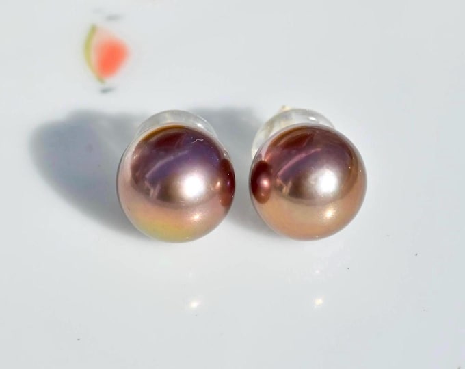 Freshwater Pearl Studs: Solid 18K Gold, 12.5mm, AAA+, Copper Red, Super Metallic Luster