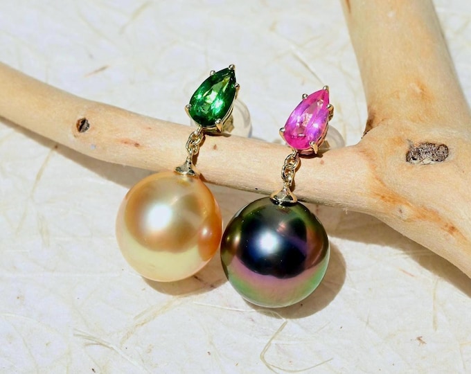 Mismatched South Sea Pearl & Tahitian Pearl Earrings: Mahenge Spinel, Tsavorite, Solid 14K Gold