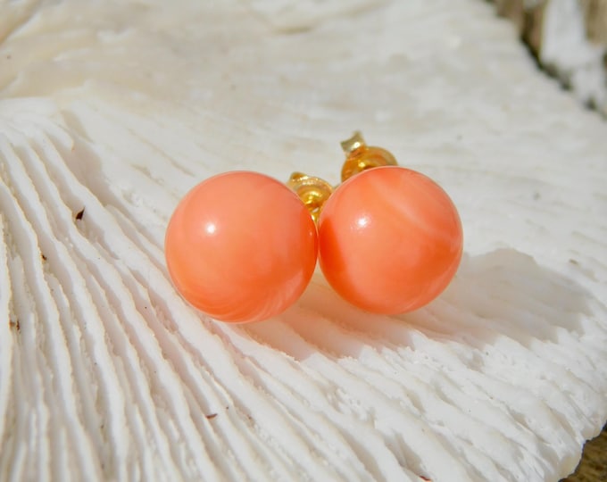 Japanese Orange Pink Coral Studs | Round | Solid 18K Gold | 9.2mm | Authentic Untreated Coral | Momo Coral | Angel Skin Coral Gold Studs