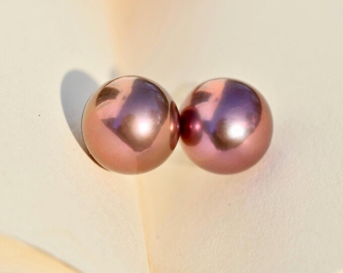 Freshwater Pearl Studs: Solid 18K Gold, 10.6mm, AAA+, Copper Wine, Super Metallic Luster