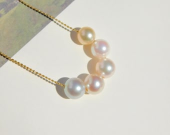 Five Akoya Floating Pearl Necklace | Pastel Cream | Blue | Japanese Saltwater Pearls | AAA | Dainty | Adjustable | Solid 18kt Yellow Gold