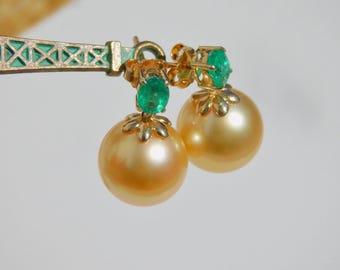 11.9mm Golden South Sea Pearl Natural Emerald Earrings | AAA | Round | Solid 14kt Gold | Golden Pearls | Zambian Emerald | Green | Au585