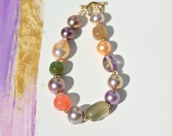 Multi-Color Pearl & Gemstone Bracelet: Gold Filled Toggle Clasp, Agate, Amethyst, For 6.75 Inch Wrist Size