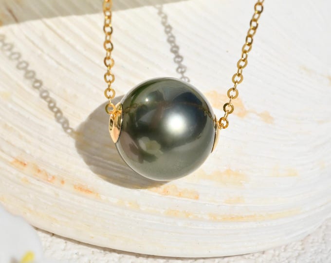11.5mm Floating Tahitian Pearl Necklace: Solid 18K Pin-end Chain, Dark Gray Green, AAA
