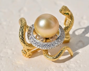 9.7mm Golden South Sea Pearl Snake Brooch: Gold Vermeil Serpent Pin, Sterling Silver, Gift