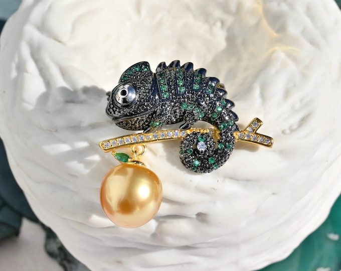 S925 Chameleon Golden South Sea Pearl Brooch/Pin: Rhodium Plated Sterling Silver, AAA, Pendant, Black, Animal Pin
