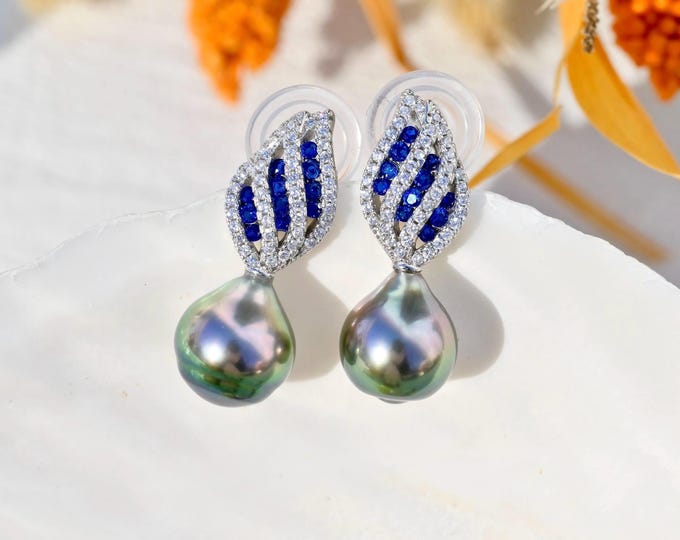 Blue Stone Wing Tahitian Pearl Earrings: White Gold Plated Silver, Peacock Green, AAA+, 9.9mm