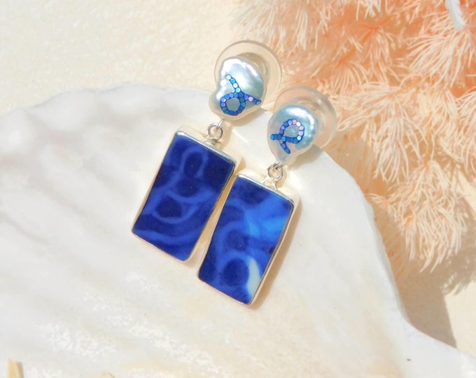 Blue Ribbon Freshwater Pearl Earrings | Qing Dynasty Broken China with Maki-e Pearls | 18kt White Gold and Silver | Vintage Pottery Shard