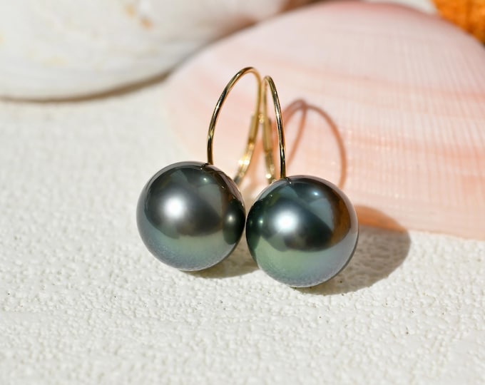 11.8mm Deep Blue Green Tahitian Pearl Earrings:  Solid 18K Gold Lever Back, Black Pearl Earrings, Au750