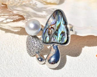 8.9mm Pastel Blue Akoya Pearl & Abalone Brooch: Iridescent Shell Statement Pin, Cooper Alloy, Mushrooms