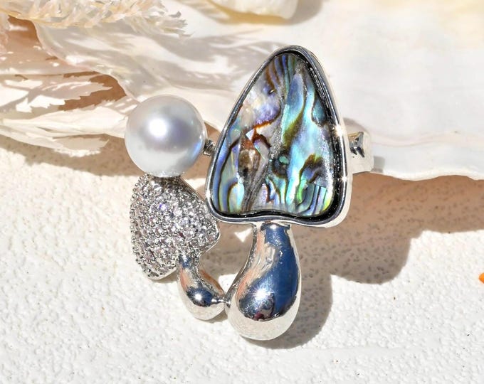 8.9mm Pastel Blue Akoya Pearl & Abalone Brooch: Iridescent Shell Statement Pin, Cooper Alloy, Mushrooms