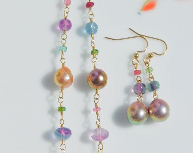 Fluorite and Kasumi-like Pearl Earrings and Necklace SET | Tourmaline | Metallic | AAA | Gemstones and Pearls | Gold Filled Wire Work