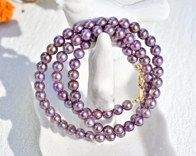 Deep Grape Pearl Necklace: 4.8-5mm Small Pearl Necklace, Solid 18k Gold Clasp, 16.5 inch