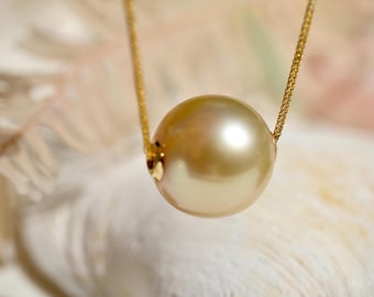 Light Golden South Sea Pearl Necklace: 13.7mm, AAA, Floating Pearl with Solid 18k Gold Pin-end Chain