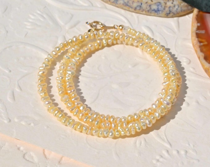 Japanese Akoya Keshi Pearl Necklace: 3-4mm, Belly Drilled, Solid 18K Gold, AAA, 17-inch, Cream