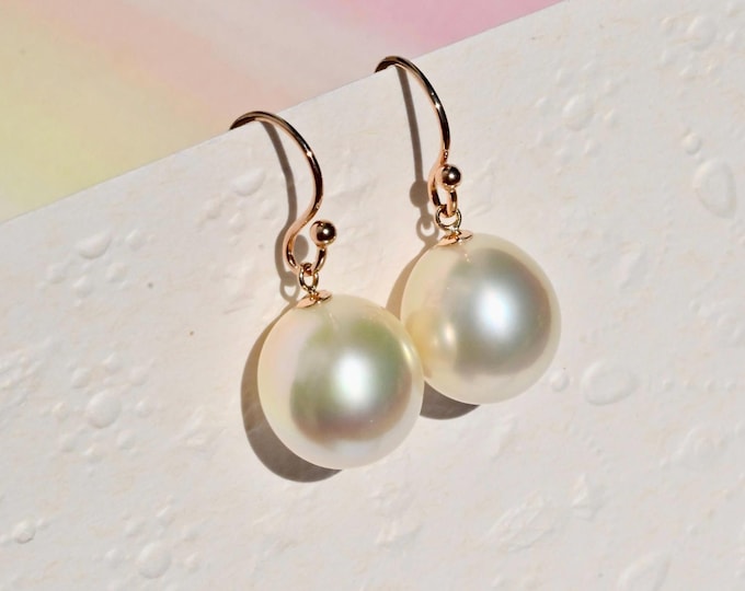 13.3mm Light Golden South Sea Pearl Earrings: Solid 18K Rose Gold, AAA+, Cream