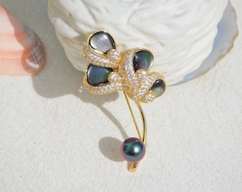 Abalone Shell Flower Bouquet Brooch | Tahitian Pearl | 9.2mm | Black Mother-of-Pearl | Gold Plated Alloy | AAA | Aubergine | Saltwater Pearl
