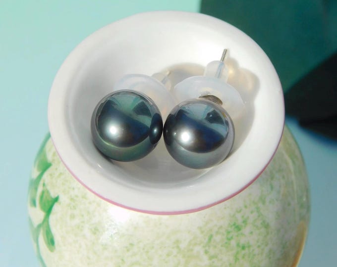 11.2mm Tahitian Pearl Studs | Deep Blue Green | AAA | Solid 18kt White Gold Studs | South Sea Pearl | Saltwater Pearls | Black Pearl | Au750
