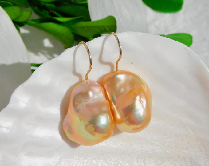 Bright Coral Gold Baroque Pearl Earrings | Super Metallic | 17* 22mm | Solid 18K Gold |Freshwater Pearls | Golden Peach | AAA+ | Pistachio