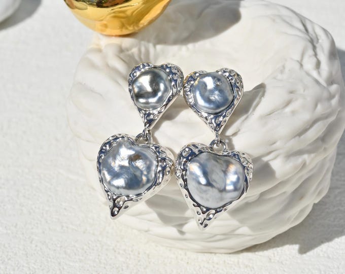 Large Tahitian Keshi Pearl Earrings: Sterling Silver Heart, AAA, Statement Earrings, Gray