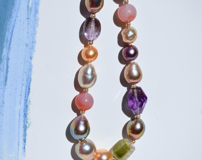 Multi-Color Pearl & Gemstone Necklace: Gold Filled, Tourmaline, Amethyst