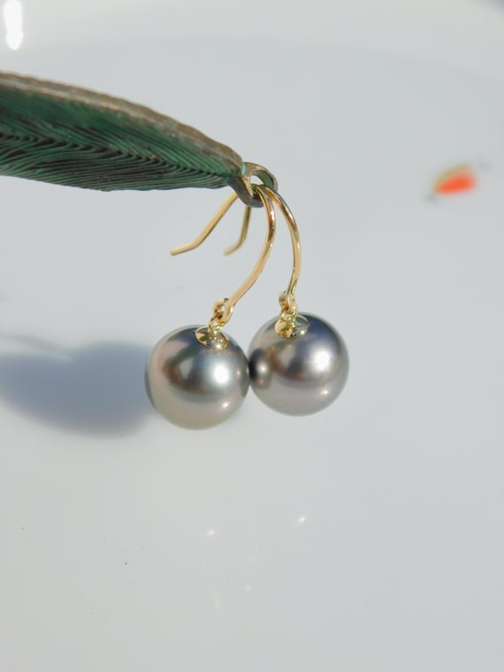 11mm Medium Olive Gray Tahitian Pearl Earrings |  Solid 18kt Yellow Gold | AAA | Round | Au750 Gold Earrings | Drop Earrings | Black Pearls