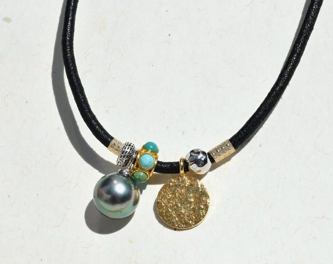 Tahitian Pearl, Turquoise & Lambskin Later Necklace: 18.5 Inch, Sterling Silver, OOAK Jewelry