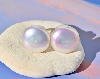 13.1mm Button Freshwater Pearl Studs: Ultimate Luster, Coin Freshwater Pearls, Solid 18K Gold, AAA+