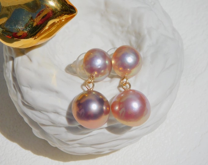 Mismatched Double Freshwater Mabe Pearl Earrings | Blister Pearls | Solid 18K Gold | AAA+ | 13.7mm | Pastel Pink | Unmatched Drop Earrings