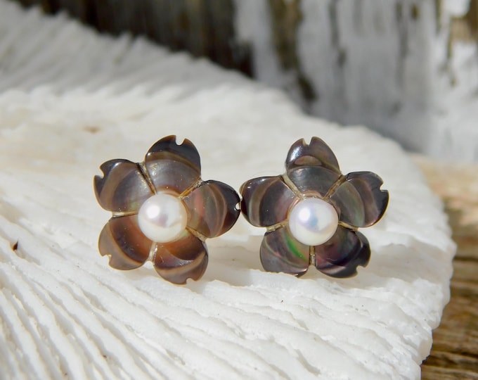 Iridescent Black Mother of Pearl Flower Studs | Cherry Blossom | Tiny Freshwater Pearls | 12mm Flower Studs | Solid 18K White Gold | AAA+