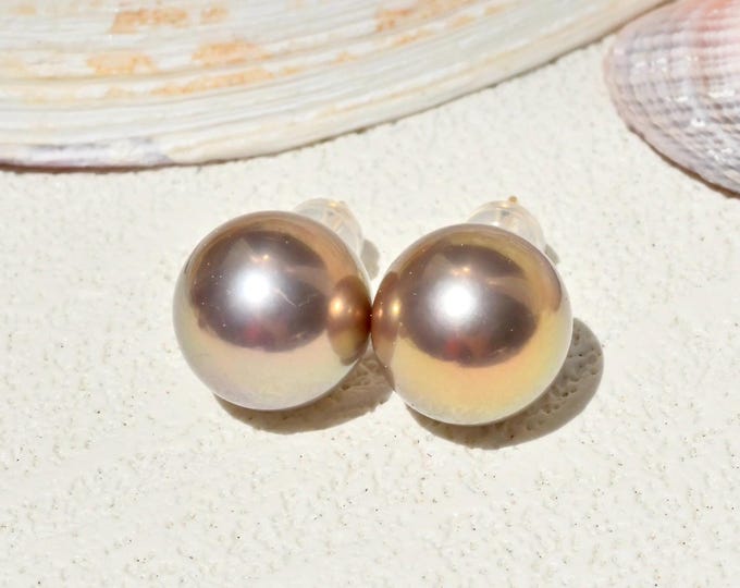 12.1mm Freshwater Pearl Stud Earrings: Solid 18K Gold, Pastel Mauve Pink Pistachio, AAA+