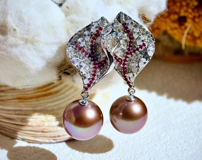 Grape Purple Pearl Cluster Earrings: Sterling Silver Leaf Design, large Earrings