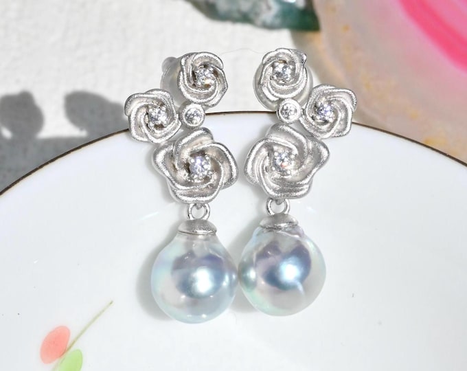 Pastel Blue Akoya Pearl Earrings: Sterling Silver, Three Roses, Baroque, Floral