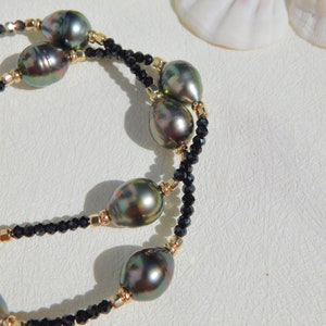 Black Spinel Tahitian Pearl Necklace Tin Cup Gold Filled Multi-color Tahitian Pearls Gemstone and Pearl Adjustable 18'' to 20'' image 2