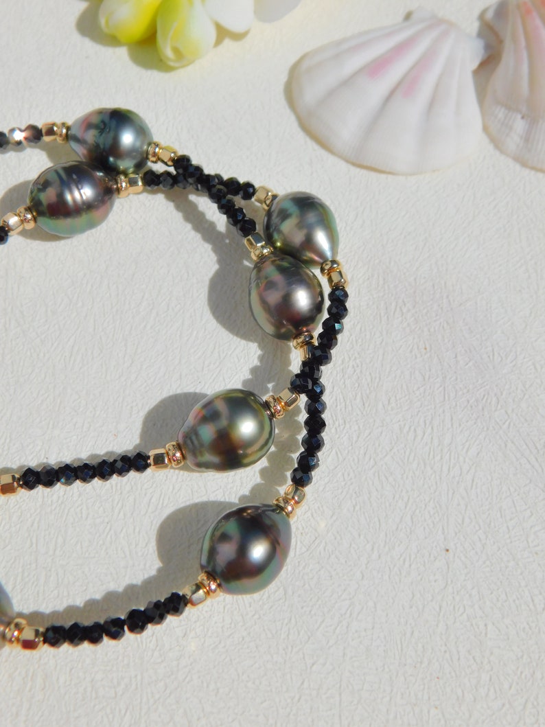 Black Spinel Tahitian Pearl Necklace Tin Cup Gold Filled Multi-color Tahitian Pearls Gemstone and Pearl Adjustable 18'' to 20'' image 2