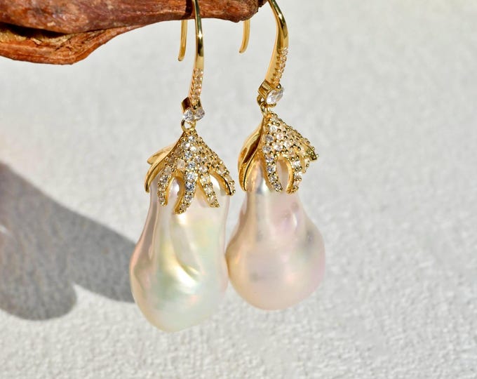 Enormous Baroque Freshwater Pearl Earrings: Gold plated Sterling, CZ Details, AAA+