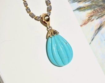 Fluted Sleeping Beauty Turquoise Pendant: American Turquoise, Solid 14k Gold, Fluted Pear Shaped, Authentic Green Blue